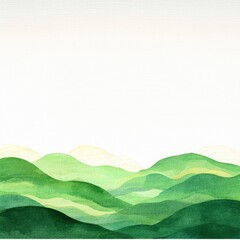 Obraz premium Summer landscape illustration of a green meadow field under a blue sky with white clouds and rolling hills in a clean nature design