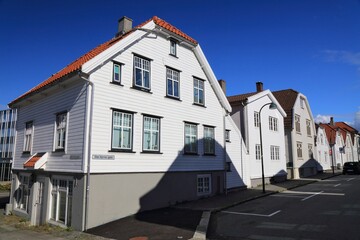 Stavanger city, Norway. Local residential streets with typical Nordic wooden houses.
