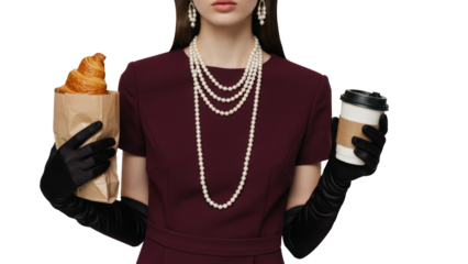 Elegant woman holding croissant and coffee cup png isolated on transparent background