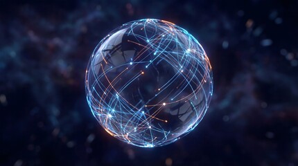 A futuristic globe with glowing blue and orange lines and dots against a dark background