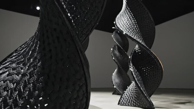 Intricate Black Carbon Fiber Sculptures Twisting in Modern Art Gallery Display