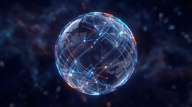 A futuristic globe with glowing blue and orange lines and dots against a dark background - Powered by Adobe