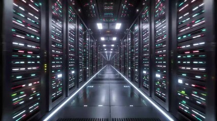 A futuristic data center with rows of illuminated server racks. - Powered by Adobe