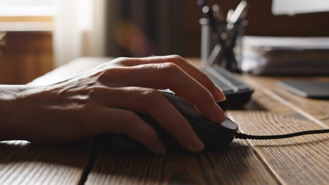 Close up of a hand clicking a computer mouse on a wooden desk with a keyboard and office supplies in background