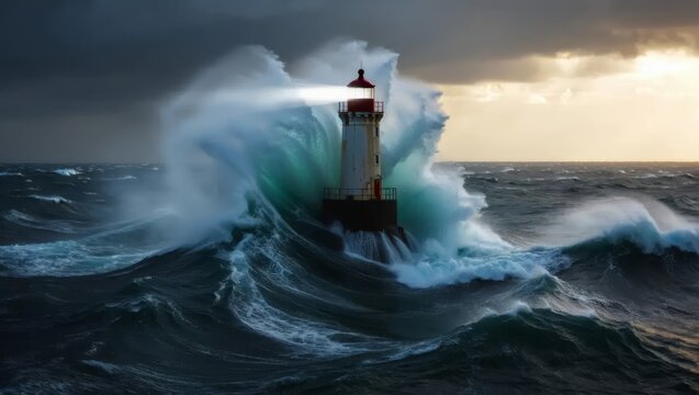 Powerful storm wave crashes against a lighthouse in rough sea. Dramatic nature scene showing ocean force and extreme weather.