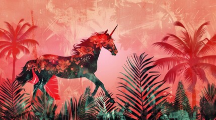 This is an imaginative piece of digital art depicting a majestic unicorn adorned with red flowers and patterns, set against an intricate backdrop of tropical palm foliage in hues of pink and teal,