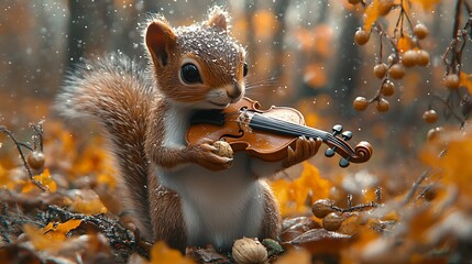 Squirrel playing violin autumnal forest scene