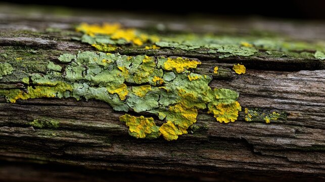 Green and yellow lichen grows on weathered wooden surface.