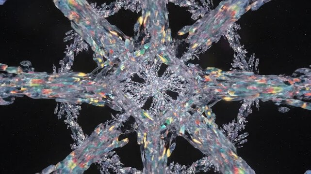 Intricate crystalline snowflake structure composed of pure light, showcasing delicate frozen ice formations