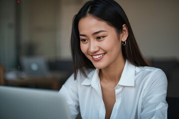 Young woman working on laptop smiling