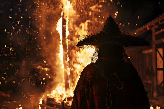 Mysterious ritual with witch silhouette against bonfire in rural setting