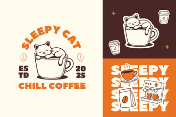 Sleeping Cat Coffee Retro Mascot Logo for Cafe. Cartoon Character Vector Illustration in Vintage Style