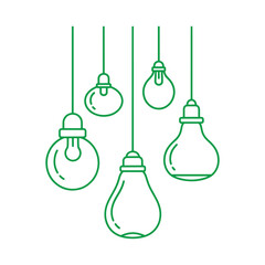 Green light bulbs hanging from strings in a row