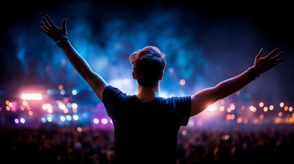 DJ dancer party music faceless, majestic stage, many people dancing, EDM party, colorful electronic music event, defocused crowd, with copy space