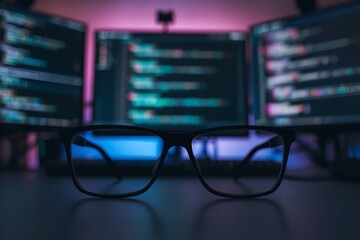 A pair of glasses sits on a desk in front of multiple computer monitors displaying code in a dark room