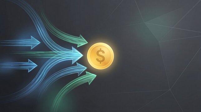 A glowing gold coin with a dollar sign surrounded by curved blue and green arrows on a dark background