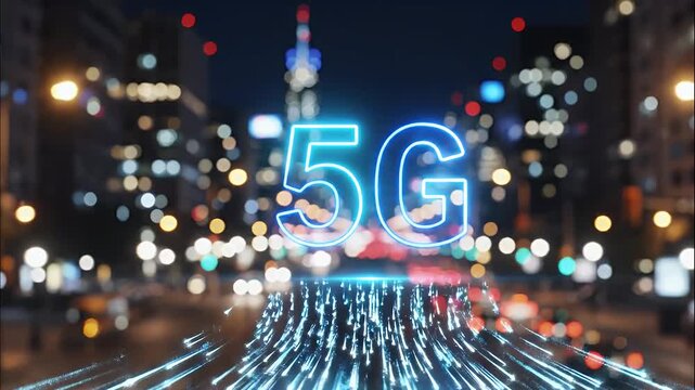 Glowing 5G symbol over a futuristic city street at night
