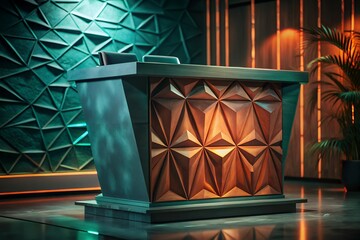 Modern reception desk with geometric design in luxurious interior