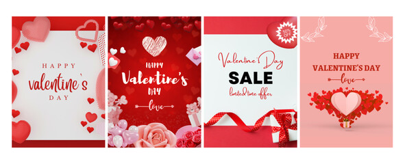 Collection of festive valentine's day cards and sale banners with hearts and love themes