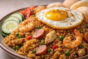 Fototapeta premium Traditional Indonesian Fried Rice with Egg, chicken and Shrimp