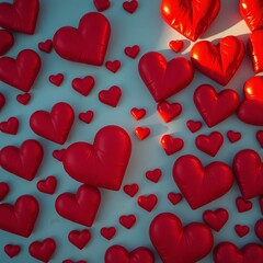 A striking collection of hand-executed red hearts, each imbued with a distinct artistic flair and rich color saturation, viewed from directly overhead,  pattern,  saturated