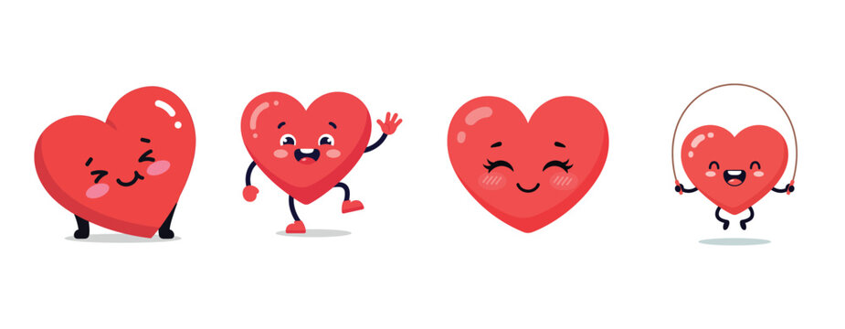 Cute cartoon red hearts with faces and playful expressions