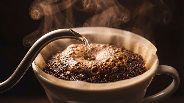 Hot Water Pouring On Coffee Grounds Creating Bloom In V60 Dripper