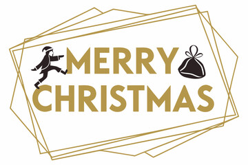 A modern geometric frame encloses 'Merry Christmas' with a running child and gift bag.