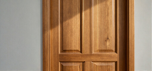 A wooden door with panel design illuminated by sunlight casting diagonal shadows on a gray wall.