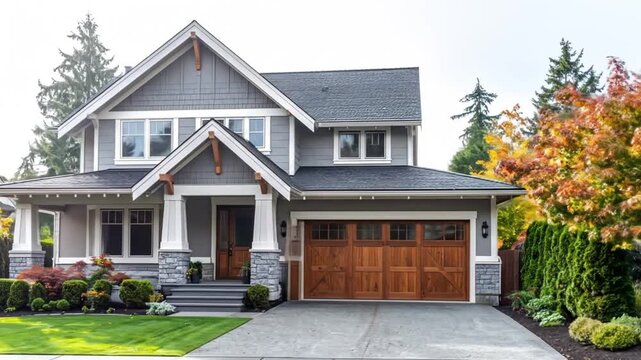 A craftsman-style gray house with brown garage door, landscaping and foliage