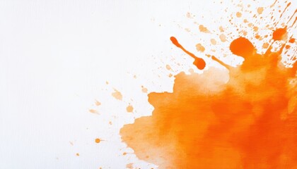A vibrant orange paint and ink splash illustration featuring a liquid watercolor texture with grunge splatters, yellow drops, and artistic green stains on a dusty paper background design