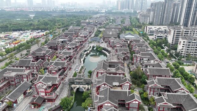 Meishan Traditional Architecture Aerial View, Sichuan China with Water Feature