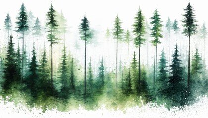  watercolor Peaceful morning forest scene with green grass, tall trees, and natural landscape