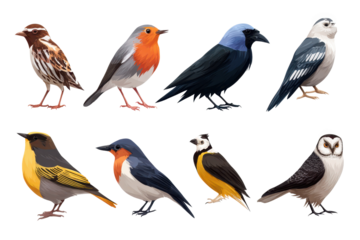 Different types of birds including sparrow, robin, and owl in one place showing unique appearances and colors