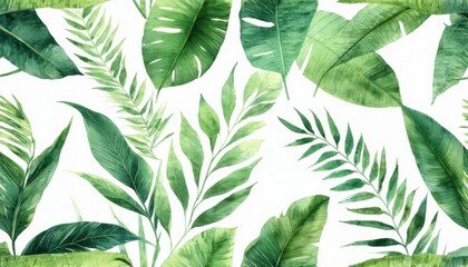  watercolor Fresh green leaves and spring foliage create a natural abstract pattern of organic textures and garden plants isolated on a white background for a seamless eco environment