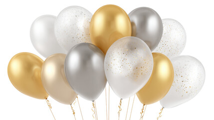 Balloons in gold, silver, and white colors gathered together for celebration events like parties or gatherings in a bright setting
