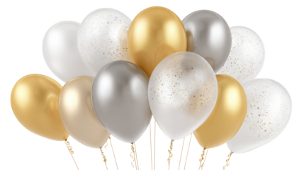 Balloons in gold, silver, and white colors gathered together for celebration events like parties or gatherings in a bright setting