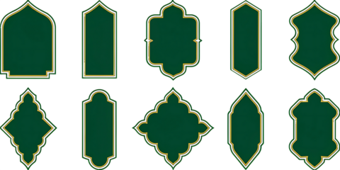 Green and gold Islamic geometric shapes on white background isolated on a transparent background