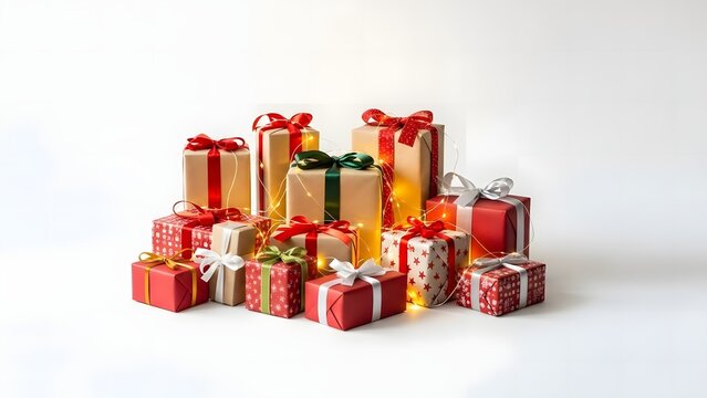 pile of beautifully wrapped christmas gifts with red and gold ribbons illuminated by warm string lights