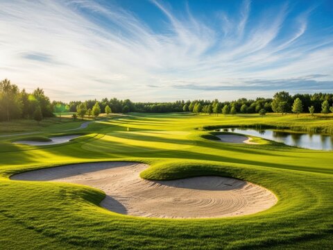 A serene golf course with sand trap and pond on a sunny day with blue sky