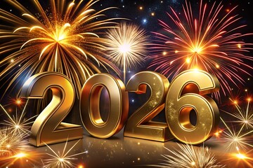 Golden fireworks celebrating new year 2026 with vibrant night sky