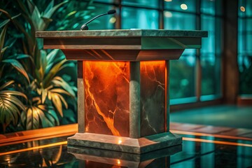 Modern lectern with microphone in elegant indoor setting with tropical plants