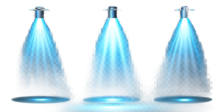 Three Blue Stage Spotlights on white background isolated on a transparent background beams - Powered by Adobe