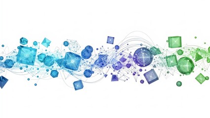 A vibrant abstract illustration of blue and green geometric shapes on a white background