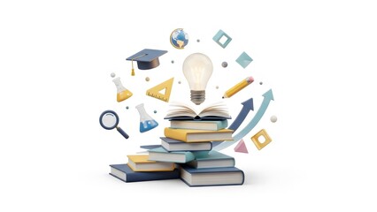 A stack of books with educational icons floating around them creatively