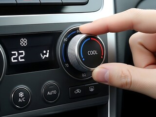 ​A finger pressing the central button of a black car fan speed dial inside a modern automotive dashboard.