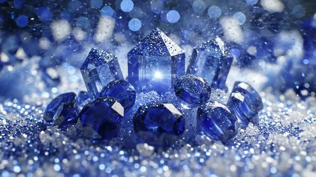 Perfectly shaped blue sapphire octahedrons rise from a sparkling crystal and glittering surface, embodying luxury and precious beauty.
