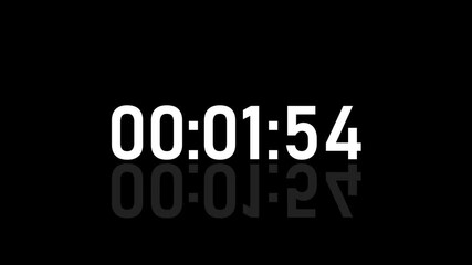 Clean two minute countdown timer displaying 00:02:00 in bold white digits on a black background with subtle reflection, suitable for videos, presentations, broadcasts, and time reminders.