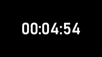 five minute countdown timer showing 00:05:00 in bold white digits on a black background with subtle reflection, ideal for videos, presentations, broadcasts, events, and time reminders.