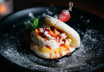 A dessert with a strawberry on top and a green leaf on the side